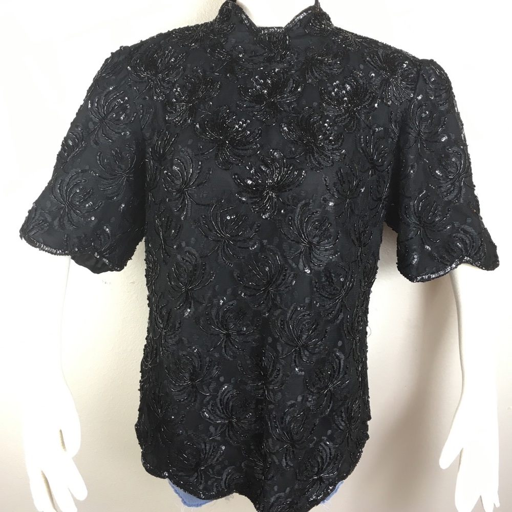 Lawrence Kazar black beaded blouse cocktail party